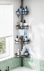 Corner Shower Caddy Tension Pole: Adjustable Rustproof 4-Tier Inside Bathroom Organizer - 47-121 inch Quick Installation Bathtub Shelves for Shampoo Storage - Rod Floor Standing Bath Rack - Black - Image 2