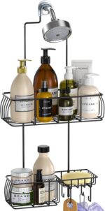 Epicano Shower Caddy Hanging, Anti-Swing Over Head Shower Caddy Rustproof with Hooks for Towels, Sponge and More, Matte Black - Image 2