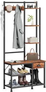 Furologee Coat Rack, Hall Tree with Bench and Shoe Storage, 4 in 1 Entryway Bench, Coat Rack with 3 Shelves and Drawer, Entryway Organizer with 5 Hooks for Hanging, Rustic Brown - Image 2