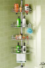 HAMITOR Corner Shower Caddy Tension Pole: 4-Tier Rust-Resistant Adjustable Bathroom Organizer Shelves - 47-121 Inch No-Drill Quick Installation - Space-Saving Storage for Renters Family - Silver Gray - Image 2