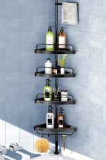 HAMITOR Corner Shower Caddy Tension Pole: Adjustable Stainless Steel Shower Organizer 4 Tier Shelf for Bathroom Bathtub Shampoo - Floor Standing Rack Bath Storage Holder with Rust Proof Rods - Black - Image 2