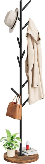 HOOBRO Coat Rack Stand with 9 Hooks, Metal Freestanding Coat Tree with Wooden Base, Heavy Duty Hall Tree for Entryway, Space Saving Coat Hanger Stand with Thickened Base, Rustic Brown BF11YM01 - Image 2