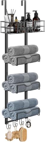 HarJue Over The Door Towel Racks, No Drill Towel Storage with Basket & Hooks, Space-Saving Multi-Functional Towel Holder for Bathrooms, bedrooms, Apartments, RVs (Matte Black) - Image 2