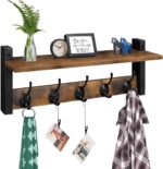 Homode Wall Hooks with Shelf, Wood Coat Rack with Shelf Wall-Mounted, Entryway Hanging Shelves with 5 Metal Hooks for Clothes Hats Towel Purse Robes, Bathroom Mudroom Bedroom, Rustic Brown Black - Image 2