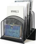 Inclined Desk File Organizer, 5-Section Vertical File Folder Holder Stand Metal Rack File Sorter for Office Classroom Desktop Organization (Black, 1Pack) - Image 2