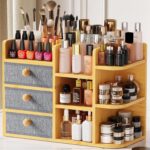 Large Bamboo Makeup Organizer For Vanity, Large Capacity 3 Tiers Bamboo Bathroom Counter Organizers and Storage, Countertop Make Up Skin Care Holder with 3 Brush Holders 3 Drawers 7 Compartments - Image 2