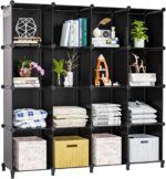 Neprock 16 Cubby Storage Organizer, Closet Clothes Storage Organizer, Cube Shelves Closet Organizers and Storage Shelves for Clothing Storage with Hammer, Bookshelf for Kids（Black） - Image 2