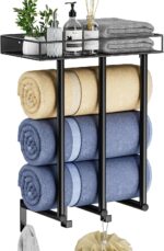 OVICAR Towel Racks for Bathroom - Wall Mounted Towel Rack with Metal Shelf & 3 Hooks, Wall Towel Holder for Small Bathroom, Bath Towel Storage for Rolled Towels Organizer, Black - Image 2