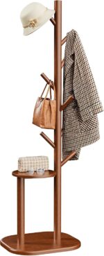 Pipishell Coat Rack, Freestanding Hall Tree with 8 Hooks & Storage Shelf, Solid Wood Base, 66.3″ Tall Coat Rack Stand for Coats, Hats, Bag in Entryway, Bedroom, Living Room, Brown, PIFCR11BN - Image 2