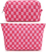 SOIDRAM 2 Pieces Makeup Bag Large Checkered Cosmetic Bag Capacity Canvas Mix Travel Toiletry Bag Organizer Cute Makeup Brushes Aesthetic Accessories Storage Bag for Women, Checkered Mix Rose Red - Image 2