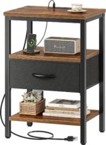 SUPERJARE Nightstand with Charging Station, Bed Side Table with Adjustable Fabric Drawer, Night Stand for Bedroom, 3-Tier Storage End Table, for Living Room, Rustic Brown and Black - Image 2