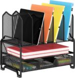 Simple Trending Mesh Desk File Organizer, Office Supplies Desktop Storage with Sliding Drawer, Double Tray and 5 Upright Section Sorter Organizer, Black - Image 2
