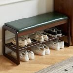Solid Wood Bench, Entryway Shoe Rack Bench with Cushion, 2 Tier Shoe Cabinet with Bench Organizer for Hallway Living Room - Image 2