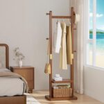 Solid Wood Coat Rack Clothes Rack, Coat Rack Freestanding with 2 Shelves and 5 Hooks, Heavy Duty Coat Tree for Entryway, Living room, Coat Hanger Stand for Hats, Bags Clothes(Walnut Brown) - Image 2