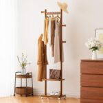 Solid Wood Coat Rack Freestanding Clothing Rack with Wheels & 2 Shelves Storage & 5 Hooks Heavy Duty Clothes Rack Wood Coat Tree Stand Hat Hanger Rack for Corner Bedroom Entryway Living Room Hotel - Image 2