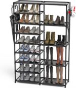 Tall Garage Shoe Rack Large Capacity,Two Rows Versatile Hooks Storage Boot Shelf Black 24-35 Pairs - Image 2