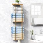 Towel Rack for Bathroom, Wall Mounted Vertical Rolled Towel Storage Organizer Holder with Shelf, Holds Up 6 Large Bath Sheets, Gold - Image 2