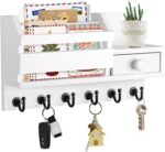VIS'V Key Holder Wall Mount, Wooden Mail and Key Organizer with Drawer and Shelf, 2 Slots, 6 Hooks, White - Image 2