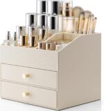 Vlando Makeup Organizer for Vanity,Large Capacity Countertop Organizer with Drawers, PU Leather Cosmetic Display Case for Lipstick,Brushes,Skincare,Bedroom Storage (Beige) - Image 2