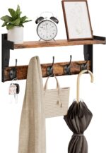 Wall Hooks with Shelf, Wood Coat Rack with Shelf Wall-Mounted, Entryway Hanging Shelves with 5 Metal Hooks for Clothes Hats Towel Purse Robes, Bathroom Mudroom Bedroom, Rustic Brown - Image 2