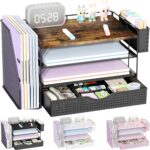 Wood Desk Organizers and Accessories with File Holder, 4-Tier Desk Accessories & Workspace Organizers with Drawer and Pen Holder, Paper Organizer for Office Supplies (Wood) - Image 2