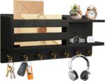Wood Key Holder Wall Mount, Mail and Key Organizer with Small Tray, 7 Hooks Key Racks for Entryway, Bedroom, Home, Office (Black) - Image 2