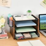 OPNCIE Desk Organizer and Accessories, 4-Tier Paper Letter Tray File Organizer with Drawer & 2 Pen Holder, Office Desk Accessories Workspace Desktop Organizer for Office Supplies(Brown) - Image 4