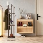 Solid Wood Coat Rack, Rotary Freestanding with 3 Shelves and 9 Hooks Coat Tree, Heavy Duty Coat Stand for Hats, Bags, Coats, for Entryway, Hallway, Bedroom, Office, Walnut - Image 3