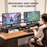 Desk Organizers and Accessories, Dual Monitor Stand Riser with Drawer and 2 Pen Holders, Desk Shelf Metal Computer Racks for Office Workspace Organizers, Desktop Organization (Black) - Image 3