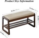 Shoe Bench, Entryway Bench with Leather Cushion, Solid Wood Shoe Rack, Mid Century Modern Bench, Shoe Storage, Shoe Organizer for Entryway (Brown, 31.5" W) - Image 3