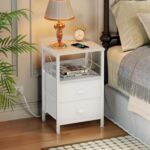 Furologee End Table with Charging Station, Nightstand with Fabric Drawers, Side Tables with USB Ports & Outlets, Night Stand with Storage Shelf & Hooks, for Living Room/Bedroom, White - Image 3