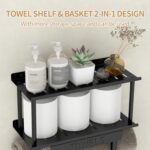 Towel Racks for Bathroom Wall Mounted, Metal Bath Towel Rack for Rolled Towels, Wall Towel Storage Holder with Shelf & Storage Basket, Towel Organizer with Hooks for Small Bathroom - Black - Image 3