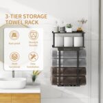 Towel Racks for Bathroom Wall Mounted, Metal Bath Towel Rack for Rolled Towels, Wall Towel Storage Holder with Shelf & Storage Basket, Towel Organizer with Hooks for Small Bathroom - Black - Image 4
