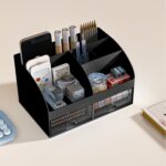 Desk Organizer with 6 Compartments and 2 Drawers, Plastic Makeup Organizer, Pen Holder for Desktop Storage, Desk Organization for School, Home, Office Supplies (Black) - Image 4