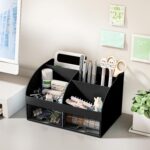 Desk Organizer with 6 Compartments and 2 Drawers, Plastic Makeup Organizer, Pen Holder for Desktop Storage, Desk Organization for School, Home, Office Supplies (Black) - Image 5