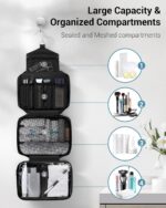 Maliton Toiletry Bag for Men & Women Travel Toiletry Bag Hanging Toiletry Bag Hygiene Organizer with 4 Compartments Waterproof Bathroom Shower Bag Large Toiletries Travel Bag(Black) - Image 3