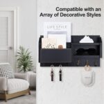 Mail and Key Holder – Wall Mount Key Hanger with Shelf and 7 Metal Hooks – Decorative Natural Paulownia Wood Entryway Organizer with Mounting Hardware (16.5”W x 8.7”H x 3.5”D) (Black) - Image 3