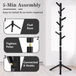 2 Pack Coat Rack, Solid Wood Coat Rack Freestanding with 8 Hooks & 3 Adjustable Heights, Simple Assembly Coat Tree for Hats, Bags, Wooden Coat Hanger Stand for Bedroom, Entryway, Office - Image 5