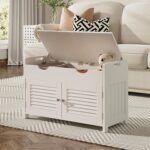 ChooChoo Shoe Storage Bench with Lift Top Storage, Entryway Bench with 2 Cushioned Seats, 3 Compartments, Adjustable Shelf, Shoe Cabinet for Entryway, Bedroom, Living Room, White - Image 8
