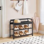 Shoe Bench with Backrest, Entryway Bench, 2-Tier Shoe Rack with PU Padded Seat, Upholstered Shoe Storage Bench with Back, for Hallway, Entryway, Foyer, Bedroom, Black HX04BB - Image 3
