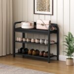 Shoe Bench with Backrest, Entryway Bench, 2-Tier Shoe Rack with PU Padded Seat, Upholstered Shoe Storage Bench with Back, for Hallway, Entryway, Foyer, Bedroom, Black HX04BB - Image 4