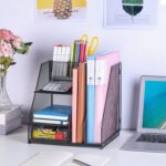 Topwey Desk Organizer, File Organizer for Desk with 2-Tier Paper Letter Tray, Drawer and 2 Pen Holder, Mesh Desktop Organization with Magazine Holder for Office Supplies - Image 4