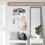 VIS'V Key Holder Wall Mount, Decorative Wooden Mail and Key Organizer with Storage Basket and Shelf, 2 Compartments, 6 Hooks, White - Image 3