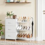 Somdot Shoe Rack, 3 Tier Shoe Organizer with 3 Drawers, Metal Shoe Storage Shelf for 6-9 Pairs of Shoes, Narrow Shoe Rack for entryway, White Leather - Image 3
