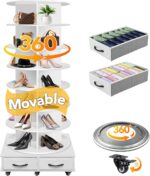 8 Tier Rotating Shoe Rack Tower contains 2 drawers, Spinning Shoe Rack Display Lazy Susan, Revolving 360 Shoe Racks Storage Round Carousel, Equipped with 5 Universal Wheels with Brake Function - Image 2