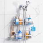 Aluminum Alloy Hanging Shower Caddy for Handheld Shower Heads,Rustproof Hose Shower Organizer 4 Levels Height Adjustable Shower Rack with Hooks,Razor Holder,Soap Holder - Image 2