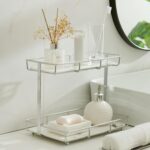 Bathroom Organizer Countertop Perfume Organizer Makeup Organizer Cosmetics Storage Display Rack Vanity Tray Dresser Stainless Steel Gold Shelf White Marble Ceramic Tray (2 Tier L-Sliver) - Image 2