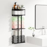 Black Towel Rack for Bathroom, Metal Towel Holder for Bathroom Wall, Bathroom Towel Storage Rack with Shelf, Rolled Towel Racks for Bathroom Wall Mounted, 3-Tier Small Towel Organizer - Image 2