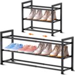 Bumusty 3-Tier Expandable Shoe Rack for Closet, 18“-33” Adjustable Shoe Rack for Small Space, Small Shoe Organizer for Front Door, Sturdy Metal, Black - Image 2