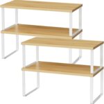 Cabinet Shelf Organizers, 15.7 inches Large Kitchen Counter Shelf, Set of 4 Wood Kitchen Pantry Organizer, Storage Shelves for Countertop, Spice Rack, Stackable, Expandable, Metal White, Nature - Image 2